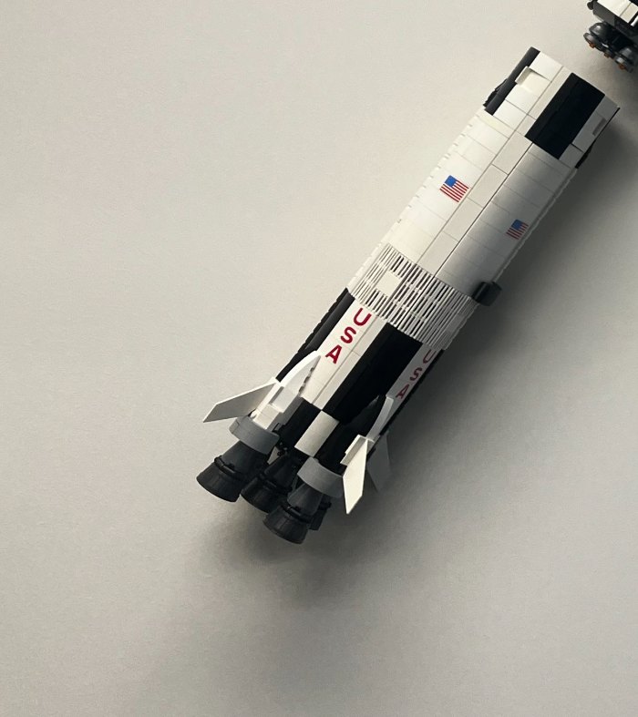The first stage of my LEGO Saturn V, showing its F-1 engine bells and fins