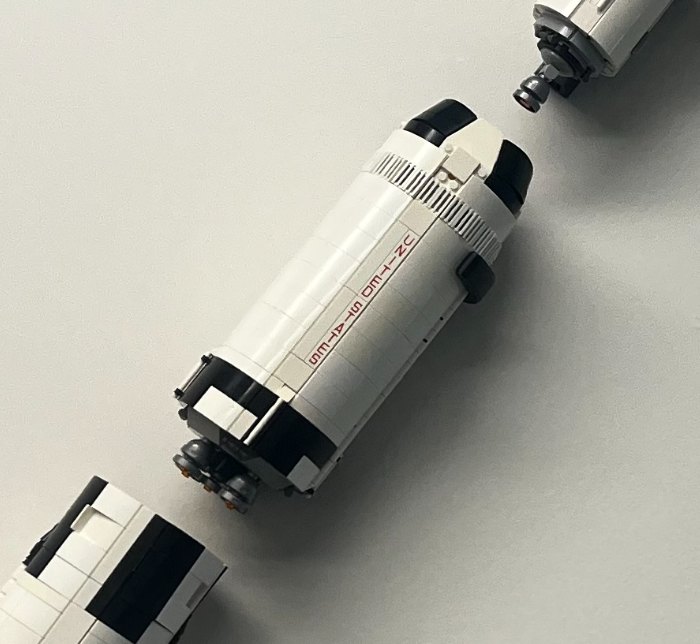 The second stage of my LEGO Saturn V, lifted away from the first
