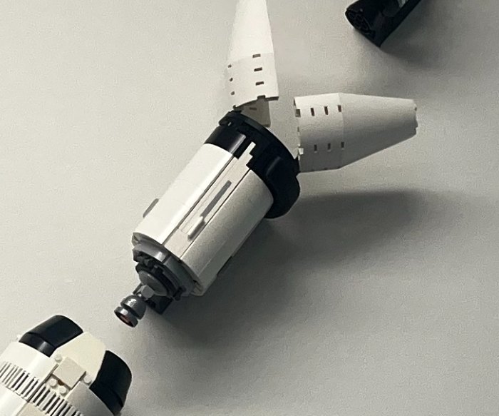 The third stage and instrument ring of my LEGO Saturn V, with its adapter panels opened