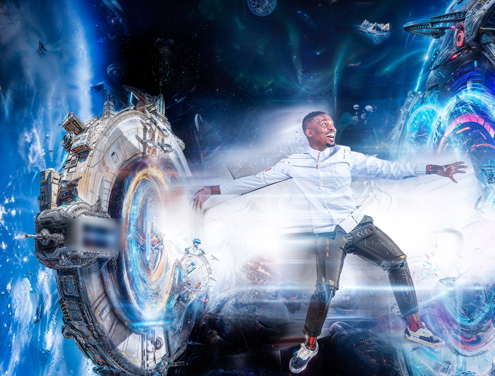 Me in a white jacket, arms wide and smiling, in a futuristic space scene with a glowing portal and spacecraft behind me